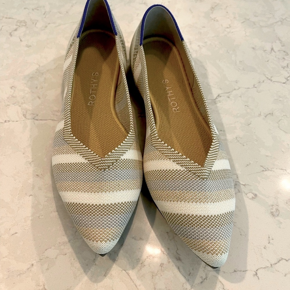 Rothy's Striped Knit Pointed Flats in White, Tan and Blue Trim